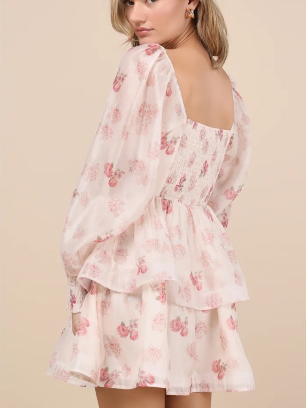 Blush Pink Floral Organza Tiered Mini Dress - Picture 3 of 5